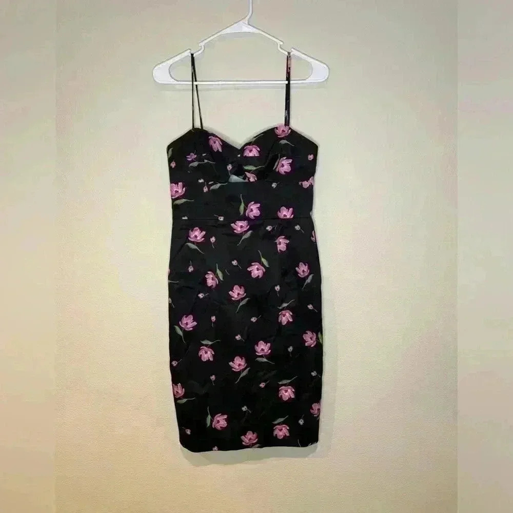 Milly Uma‎ Satin Midi Floral Black Fuchsia Dress Size 4
